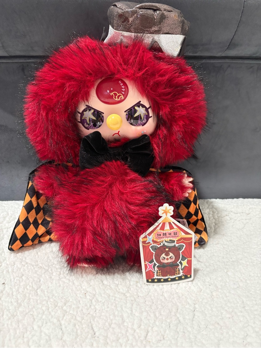 Red Furry Character Doll with Black Bow